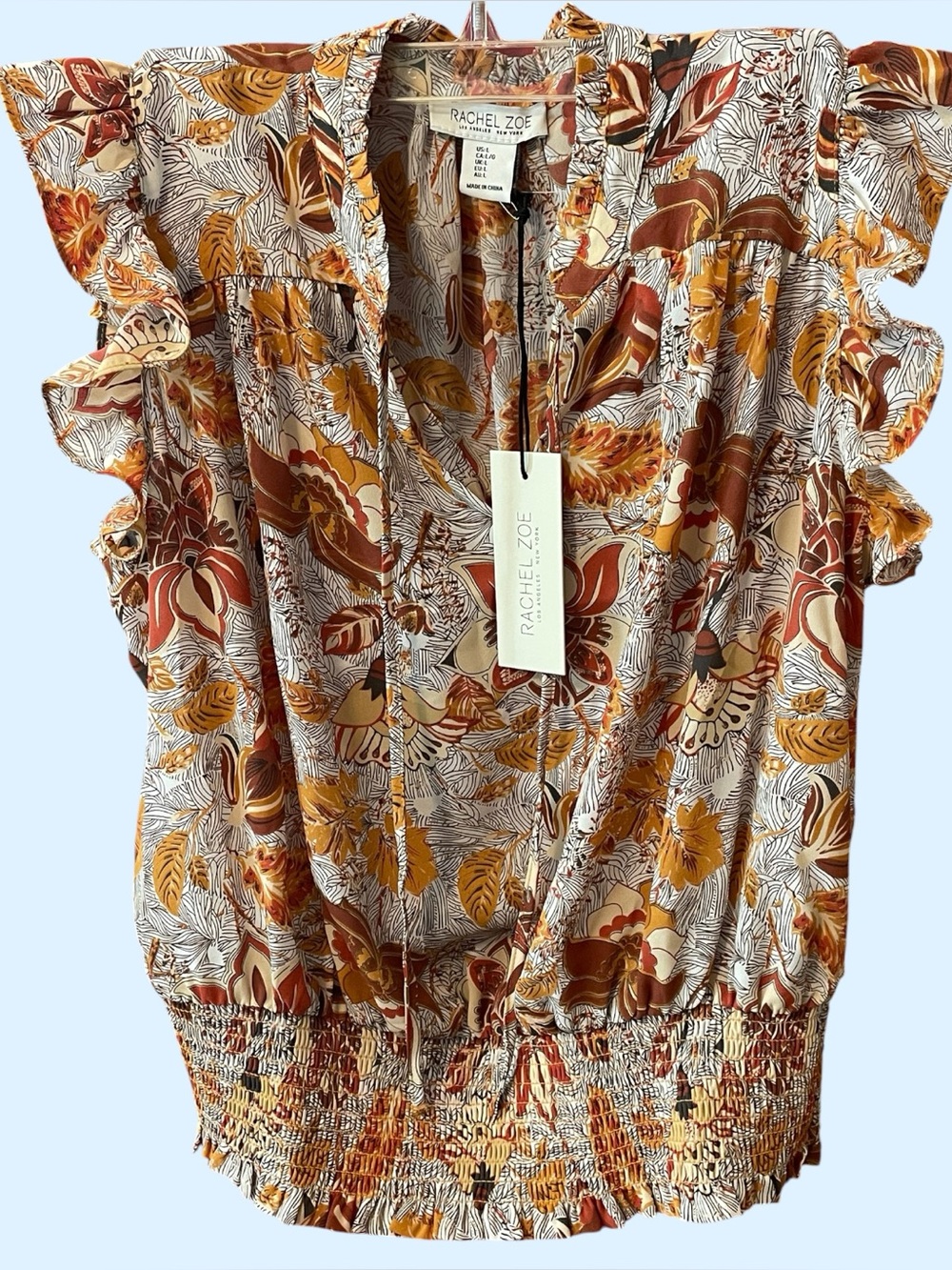 Rachel Zoe Women's Floral Ruffle Sleeve Blouse in Rust & Mustard SZ Large